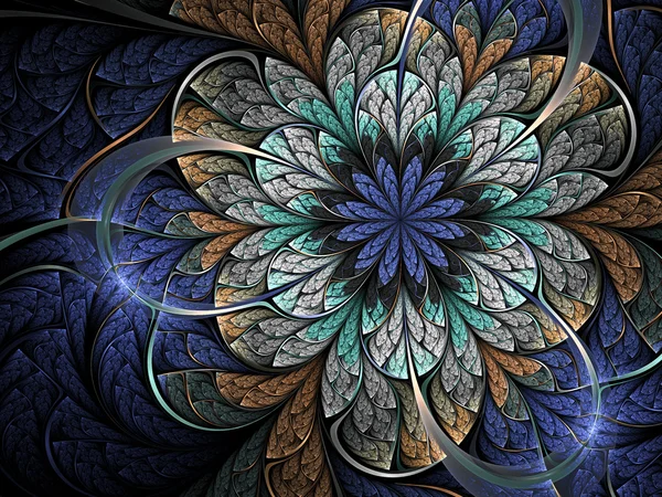 Blauwe en gouden fractal bloem, digitale kunst voor creatieve grafisch ontwerp — Stockfoto