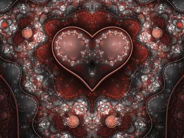 Corazón fractal de relojería rojo y plateado, motivo del día de San Valentín, ilustraciones digitales para un diseño gráfico creativo — Foto de Stock