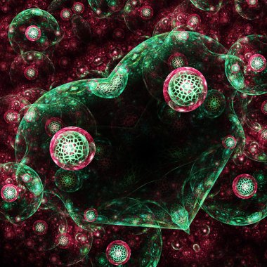 Kırmızı ve yeşil fraktal kalp, yaratıcı grafik tasarım için dijital sanat