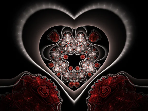 Kırmızı ve siyah fraktal kalp, yaratıcı grafik tasarım için dijital sanat — Stok fotoğraf