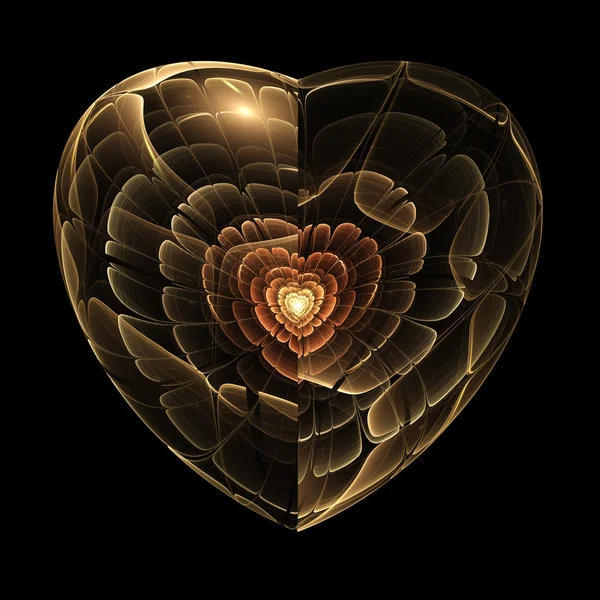 Gold fractal flower in isolated heart, digital artwork for creative graphic design — Stock Photo, Image