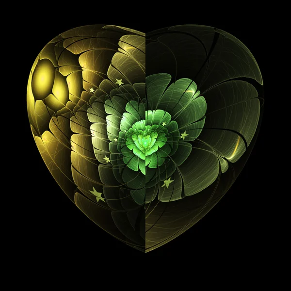 Green flower in isolated fractal heart, digital artwork for creative graphic design — Stock Photo, Image