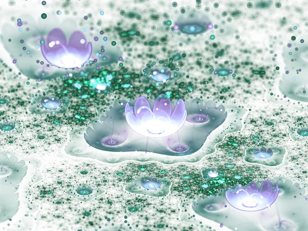 Fleurs fractales vertes et bleues avec bokeh, illustration numérique pour la conception graphique créative — Photo
