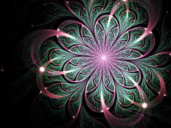 Flor fractal verde escuro e rosa, obra de arte digital para design gráfico criativo — Fotografia de Stock