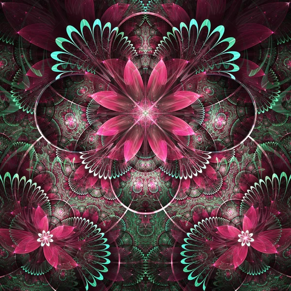 Flor fractal vermelha e verde, obra de arte digital para design gráfico criativo — Fotografia de Stock