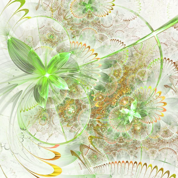 Glossy gold and green fractal flowers, digital artwork for creative graphic design — Stockfoto