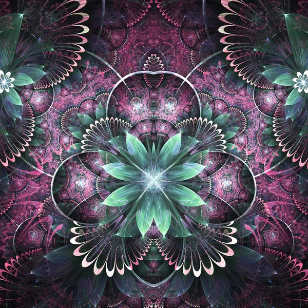 Flor fractal verde e rosa, obra de arte digital para design gráfico criativo — Fotografia de Stock