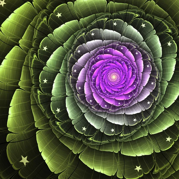 Flor fractal verde e roxo, arte digital para design gráfico criativo — Fotografia de Stock