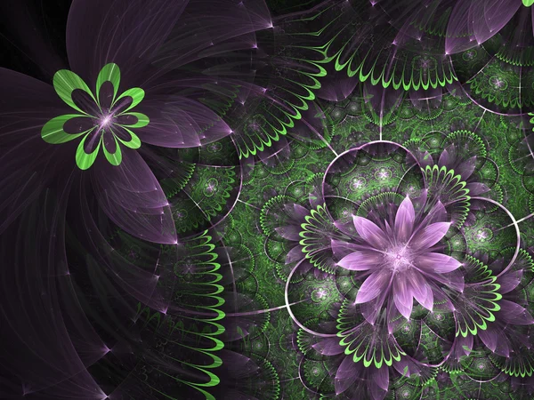 Flores fractales púrpuras y verdes, obras de arte digital para un diseño gráfico creativo — Foto de Stock