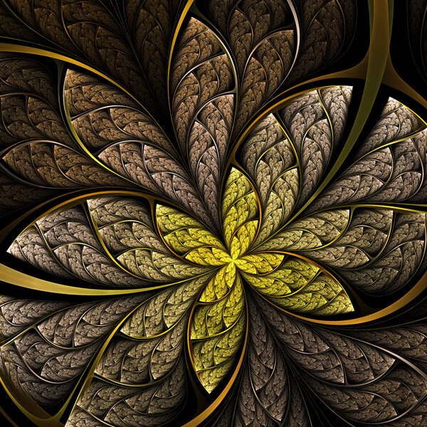 Golden fractal flower or butterfly, digital artwork for creative graphic design