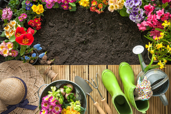 Садовые инструменты и цветы на террасе
