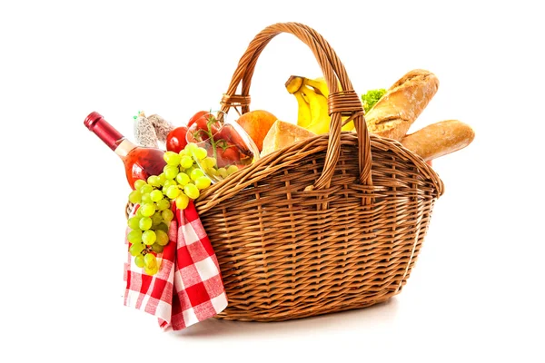 Picnic basket with fruit bread and wine — Stock Photo, Image