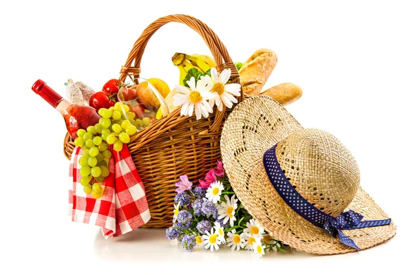 Picnic basket with fruit bread and wine — Stock Photo, Image