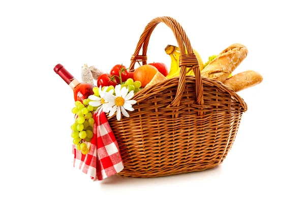 Picnic basket with fruit bread and wine — Stock Photo, Image