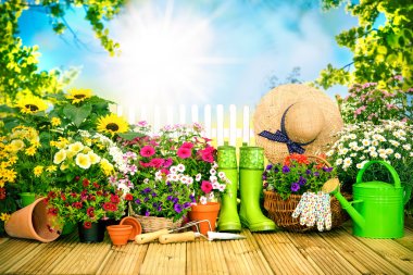 Gardening tools and flowers on the terrace i clipart