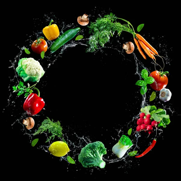 Assortment of fresh vegetables and water splashes on black background. High resolution collage for print