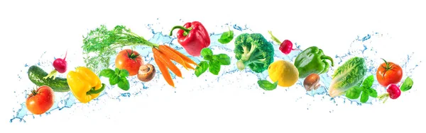 Panoramatické Široké Bílé Pozadí Sortimentem Čerstvé Zeleniny Vody Stříkance Koláž — Stock fotografie