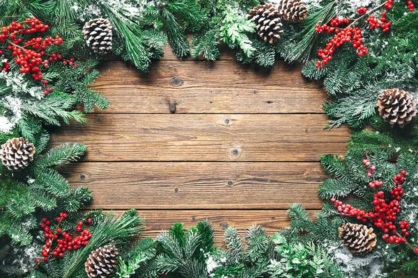 Christmas New Year Background Fir Branches Holly Snowfall Wooden Board — Stock Photo, Image