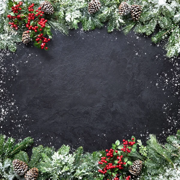モミの枝 ホリーと暗い石板の雪とクリスマスと新年の背景 — ストック写真