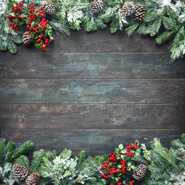 Christmas New Year Background Fir Branches Holly Snowfall Dark Wooden — Stock Photo, Image