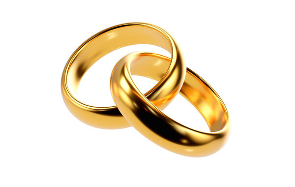 Пара золотых обручальных колец. 3D рендеринг на белом фоне
