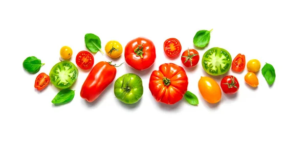 Fresh Ripe Tomatoes Different Varieties Basil Leaves Isolated White Panoramic — Stock Photo, Image