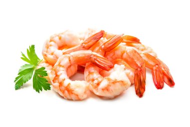 Beyaz arka planda maydanozla süslenmiş taze karidesler.