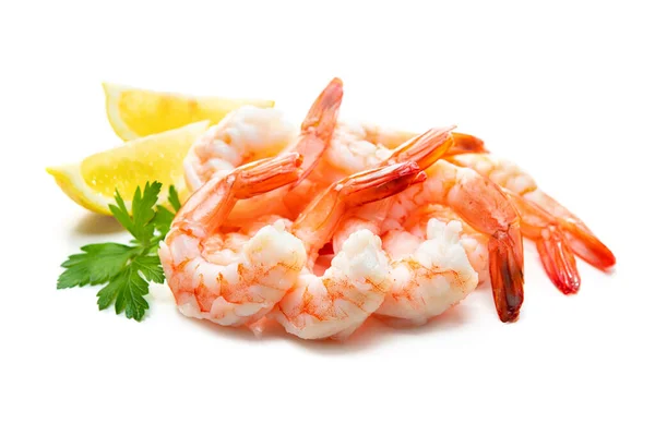 Crevettes Fraîches Garnies Persil Citron Isolé Sur Fond Blanc — Photo