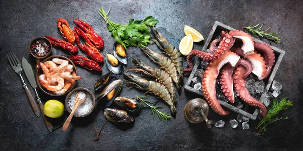 Variety Fresh Delicious Seafood Octopus Tentacles Black Tiger Shrimps King — Stock Photo, Image