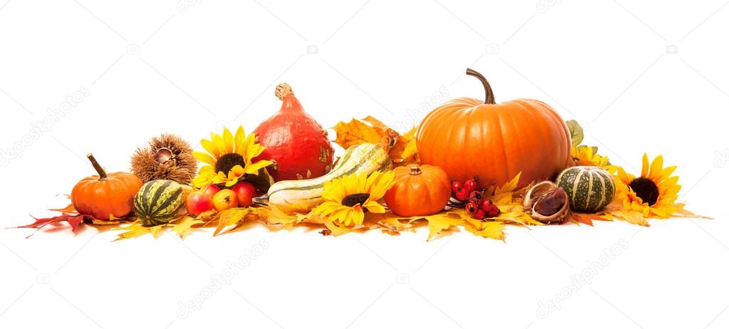 Autumn decoration arranged with dry leaves, pumpkins and more