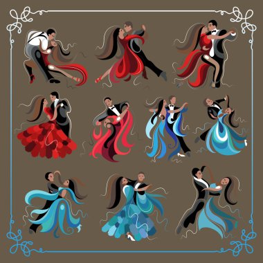 Set of couples dancing the waltz and tango 2 clipart