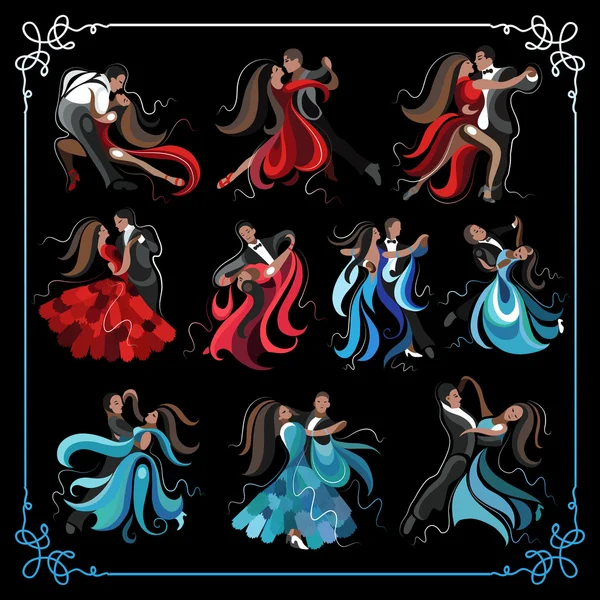 Set di coppie che ballano il valzer e il tango 1 — Vettoriale Stock