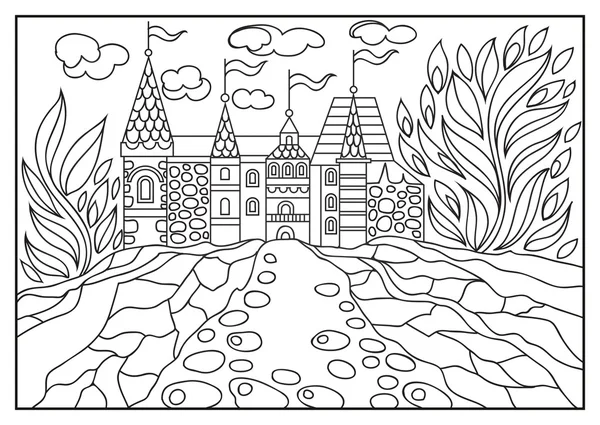 Ilustración gráfica de un castillo en el fondo de la naturaleza 2 — Vector de stock