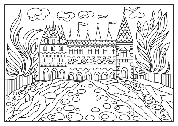 Ilustración gráfica de un castillo sobre el fondo de la naturaleza 1 — Vector de stock