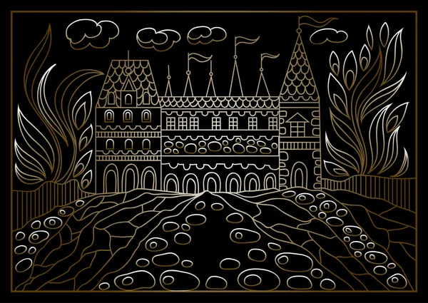 Graphical illustration of a castle on the background of nature 1 — Stok Vektör