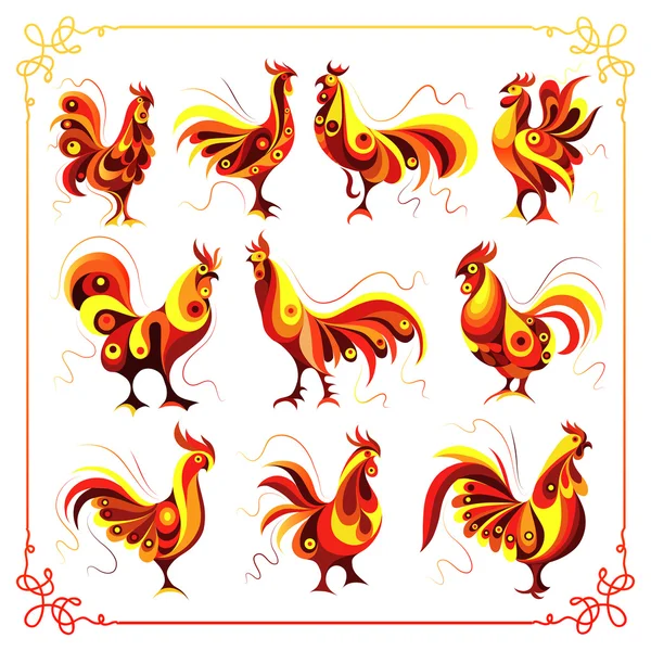 Graphic illustration with a fiery cock (set) 2 — Stock Vector