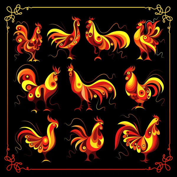 Ateşli bir horoz ile grafik illüstrasyon (1 set)