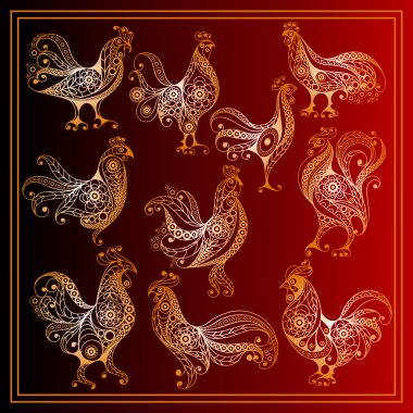 Graphic illustration with a fiery cock (set) 3 clipart