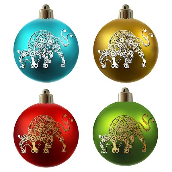 Des Boules Noël Colorées Boeuf Métal Blanc Symbole 2021 Nouvel — Image vectorielle