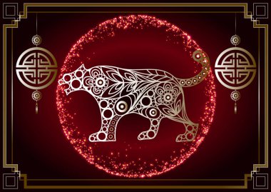 2022 'nin siyah su kaplanı sembolü. Çin Yeni Yılı. Tatil zodyak hayvani bir işaret. Vektör illüstrasyonu