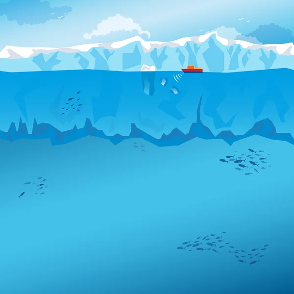 Antecedentes com Iceberg longo e navio. Vetor — Vetor de Stock
