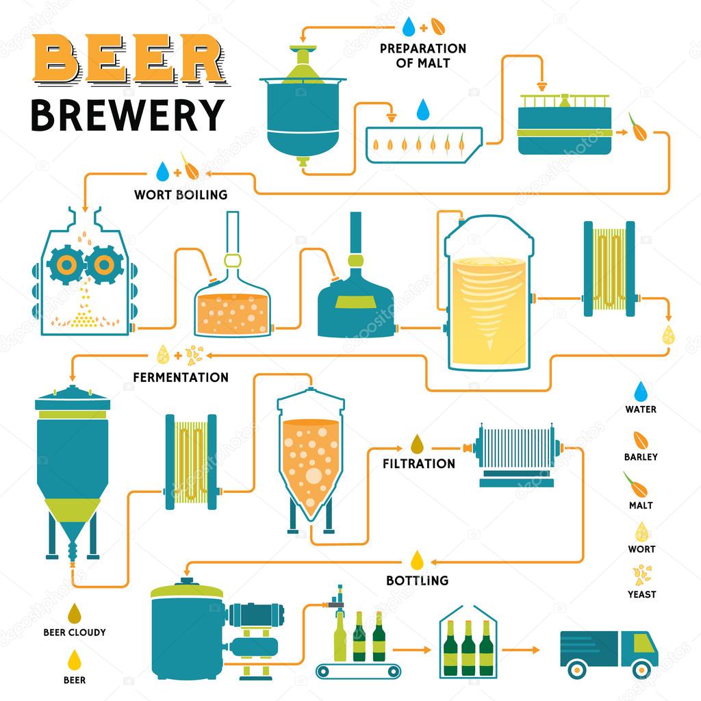 Beer brewing process, brewery factory production