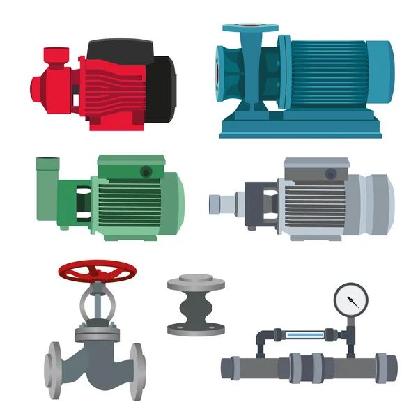 Set-motor de agua, bomba, válvulas para tubería. Vector — Archivo Imágenes Vectoriales