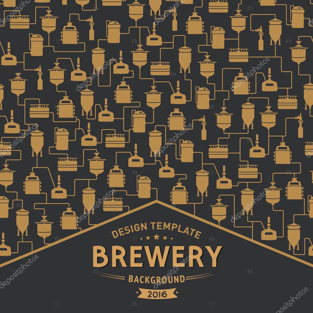 Card template with label on background with beer brewery elements, icons, logos, design elements. Brewing process, brewery factory production elements, traditional beer crafting. Vector