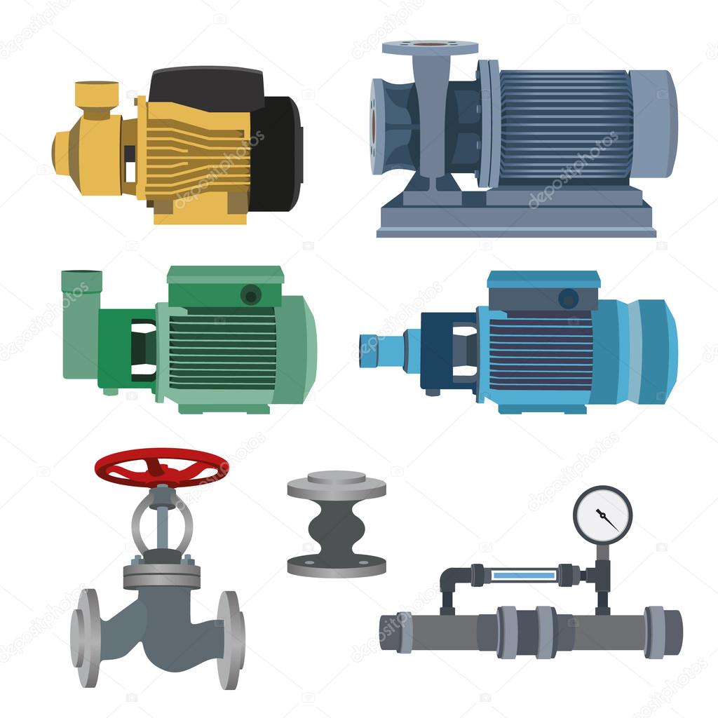 Set-water motor, pump, valves for pipeline. Vector