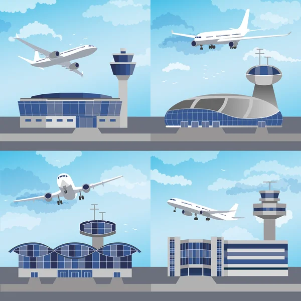 Edificio del aeropuerto con torre de control. Vector — Archivo Imágenes Vectoriales