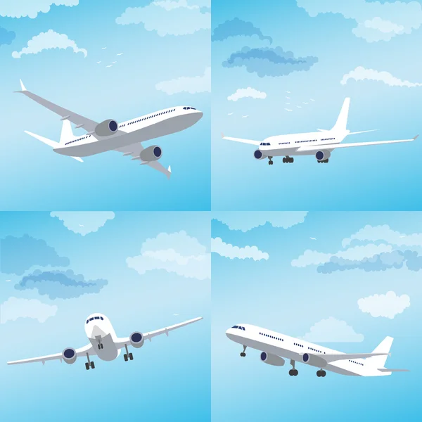 Avión moderno volando a través de las nubes. Vector — Vector de stock