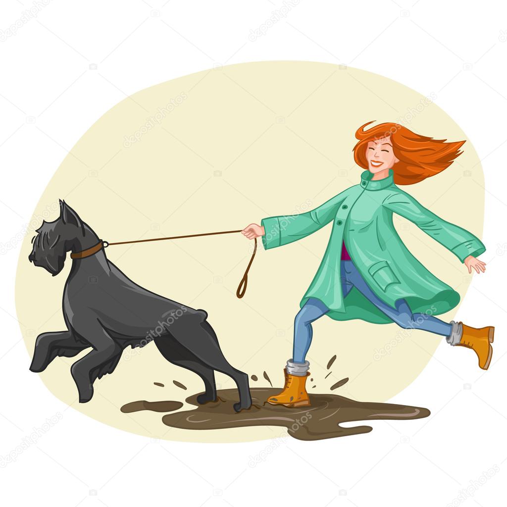 Woman walk, run with dog. Vector illustration