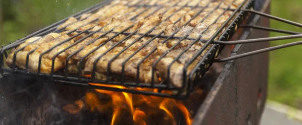 Frango grelhado no grelhador. Processando pernas de frango em um churrasco grill ao ar livrechamas e fumaça no fundo. — Fotografia de Stock