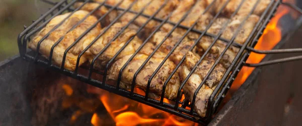 Házi Készítésű Ízletes Sült Csirke Grillezett Grillezés Ebéd Természetben Banner — Stock Fotó